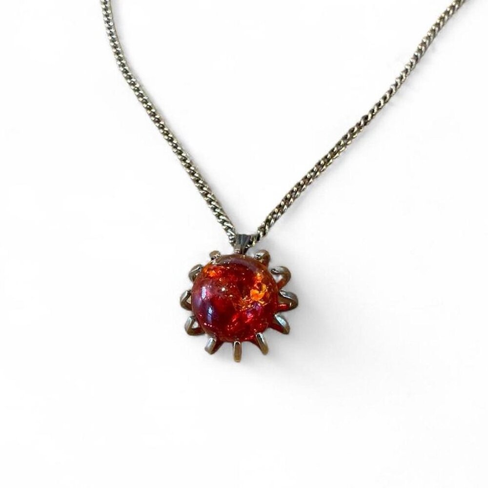 Vintage Amber Starburst Gold Tone Chain‎ Pendant Necklace